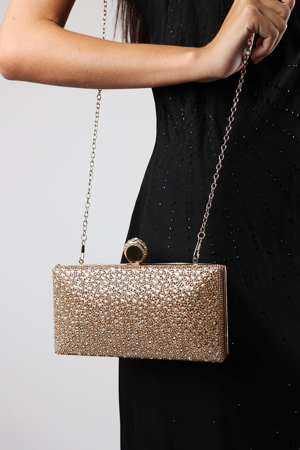 Reve Gold Crystal Embellished Clutch Bag With Ring Handle