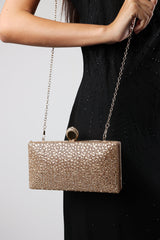 Reve Gold Crystal Embellished Clutch Bag With Ring Handle