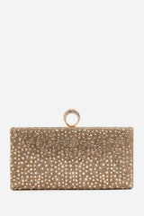 Reve Gold Crystal Embellished Clutch Bag With Ring Handle