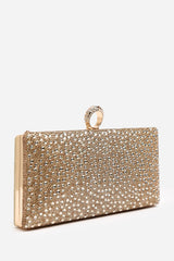 Reve Gold Crystal Embellished Clutch Bag With Ring Handle
