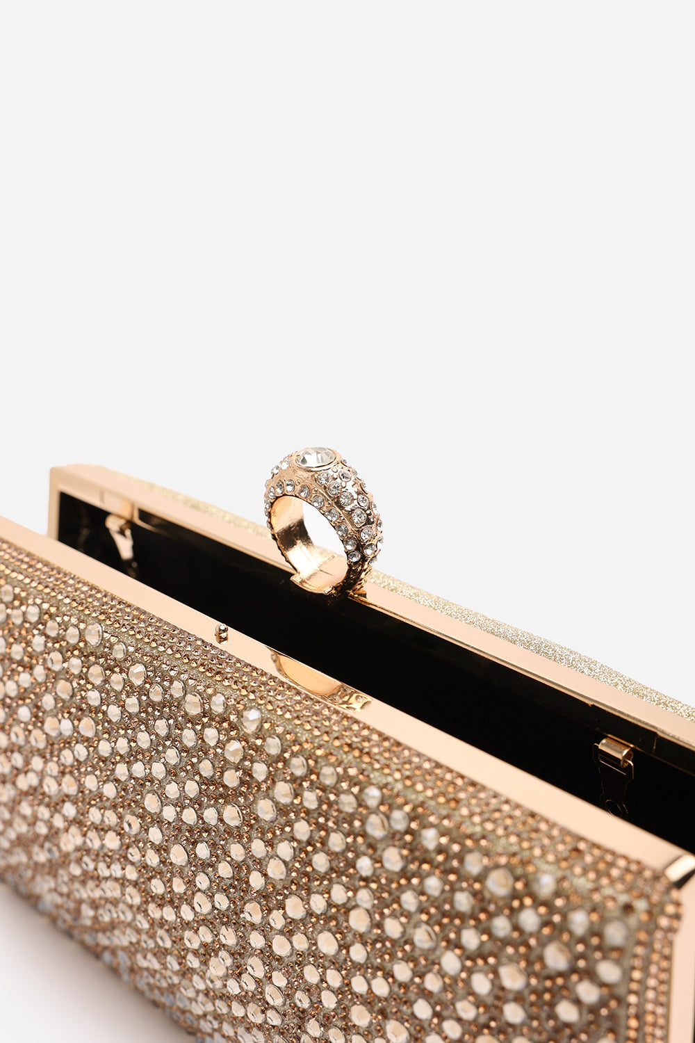Reve Gold Crystal Embellished Clutch Bag With Ring Handle