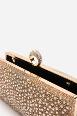 Reve Gold Crystal Embellished Clutch Bag With Ring Handle