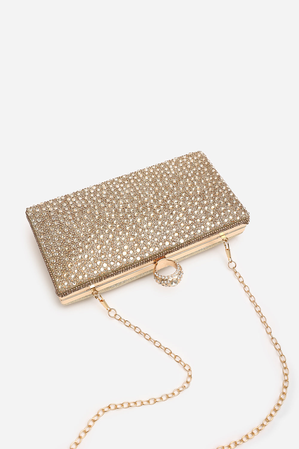Reve Gold Crystal Embellished Clutch Bag With Ring Handle