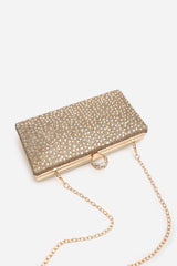 Reve Gold Crystal Embellished Clutch Bag With Ring Handle