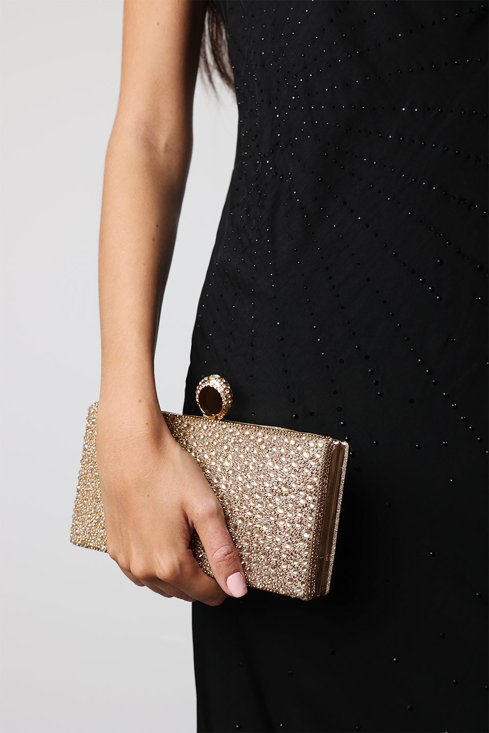 Reve Gold Crystal Embellished Clutch Bag With Ring Handle