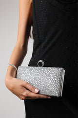 Reve Silver Crystal Embellished Clutch Bag With Ring Handle