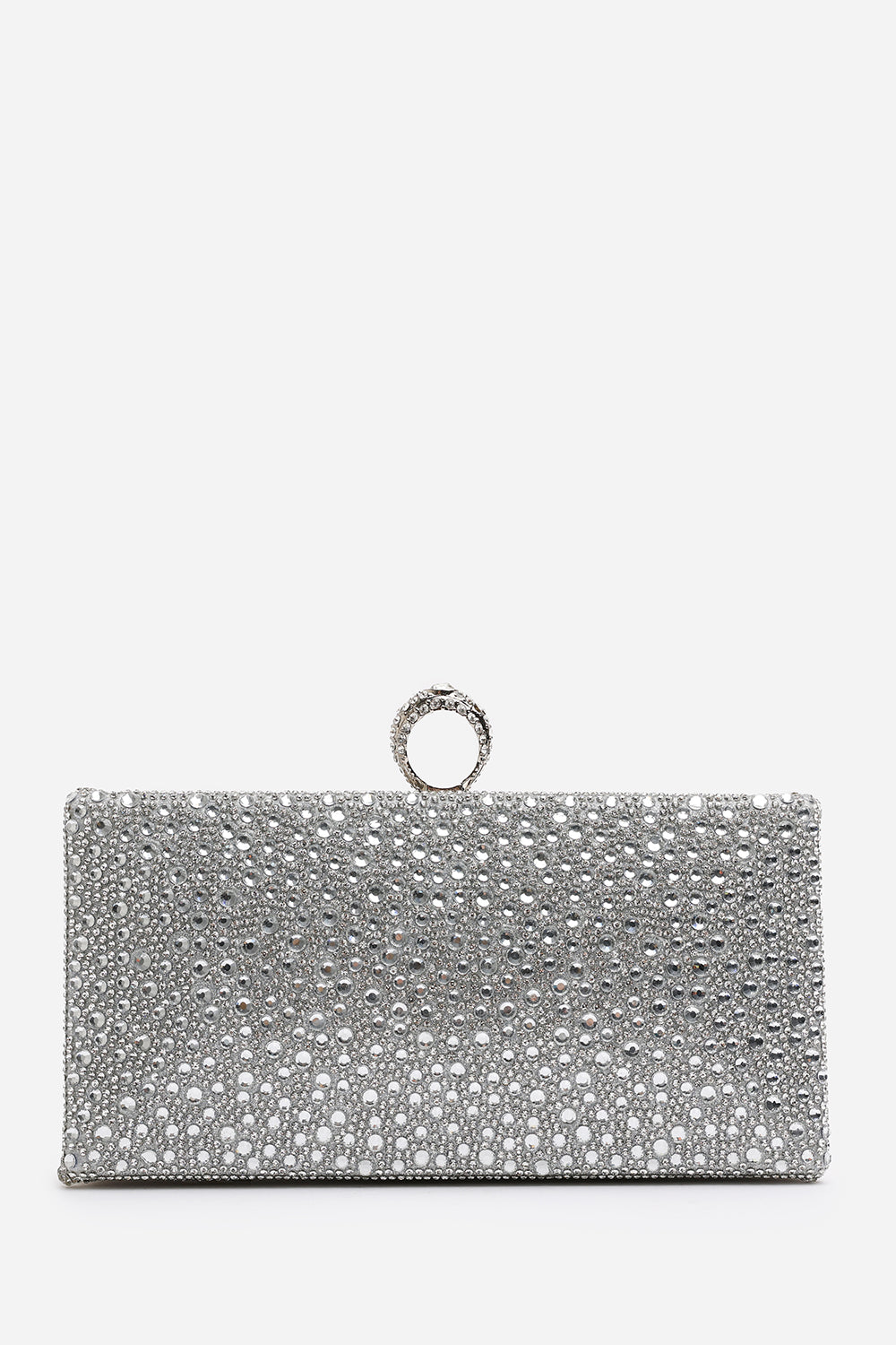 Reve Silver Crystal Embellished Clutch Bag With Ring Handle
