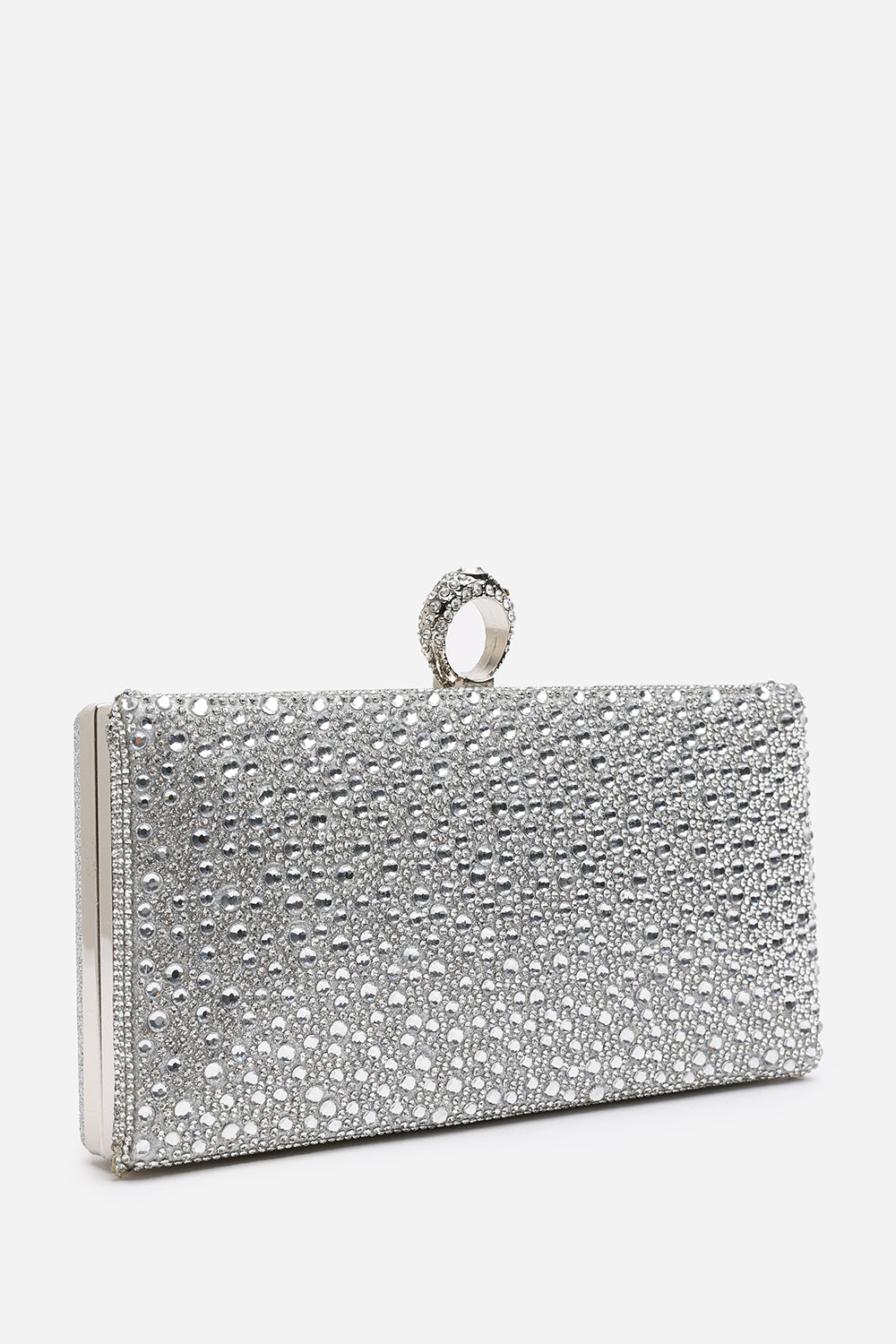 Reve Silver Crystal Embellished Clutch Bag With Ring Handle
