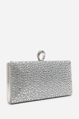 Reve Silver Crystal Embellished Clutch Bag With Ring Handle