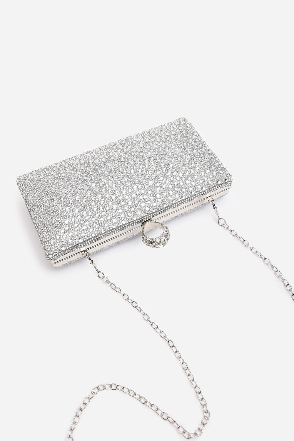 Reve Silver Crystal Embellished Clutch Bag With Ring Handle
