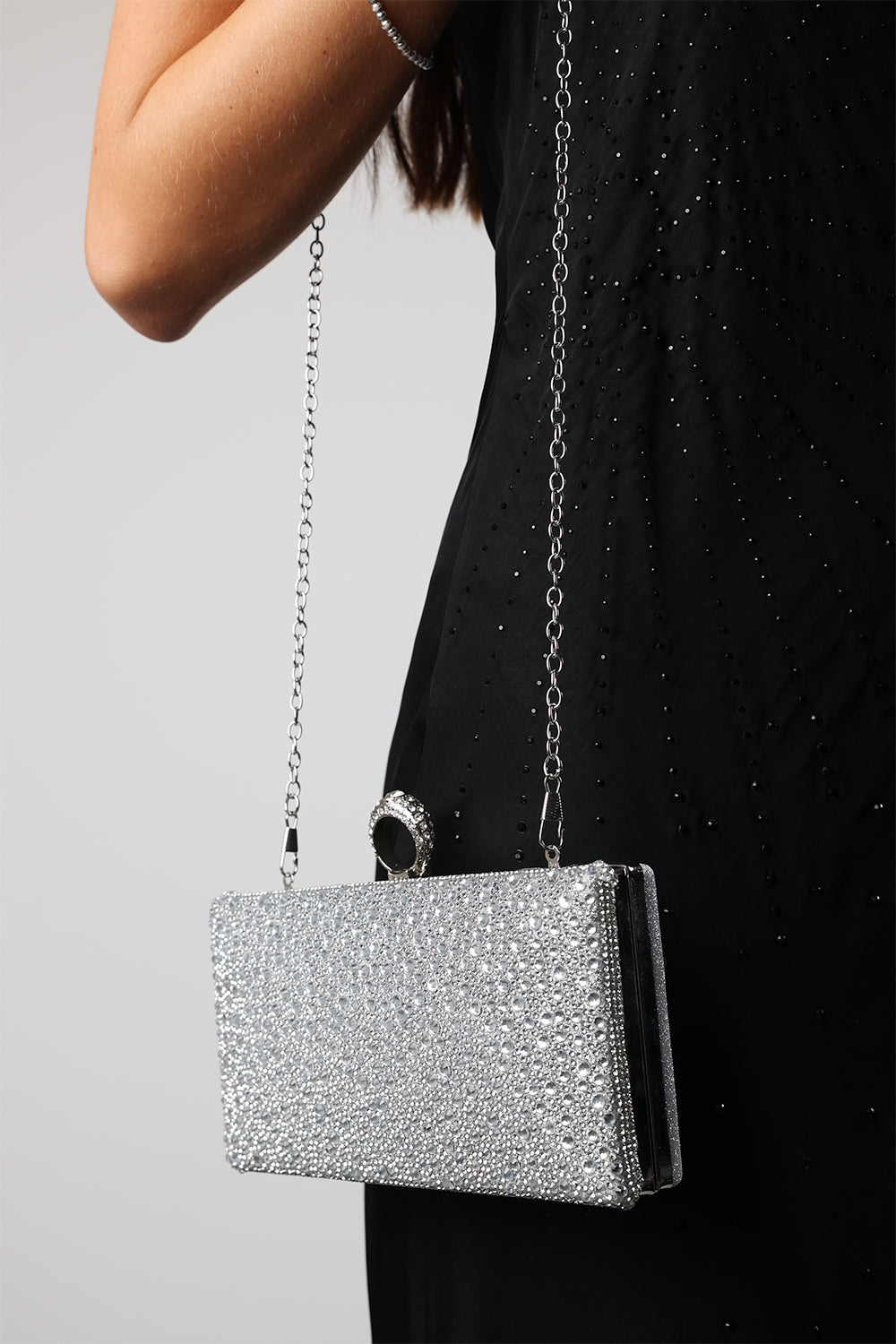 Reve Silver Crystal Embellished Clutch Bag With Ring Handle