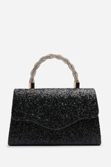 Pluie Black Glitter Evening Bag With Braided Top Handle