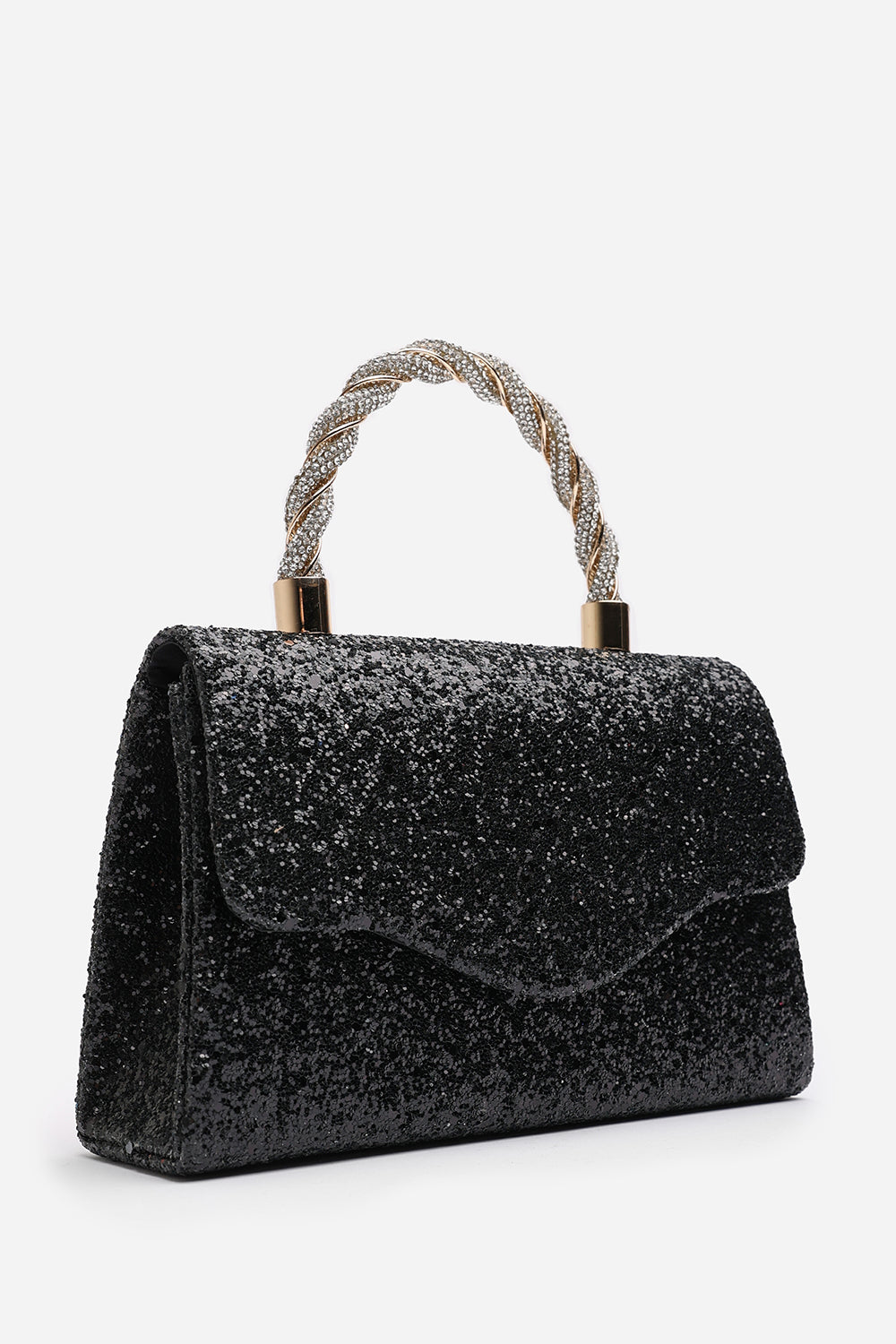 Pluie Black Glitter Evening Bag With Braided Top Handle
