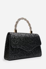 Pluie Black Glitter Evening Bag With Braided Top Handle