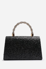 Pluie Black Glitter Evening Bag With Braided Top Handle