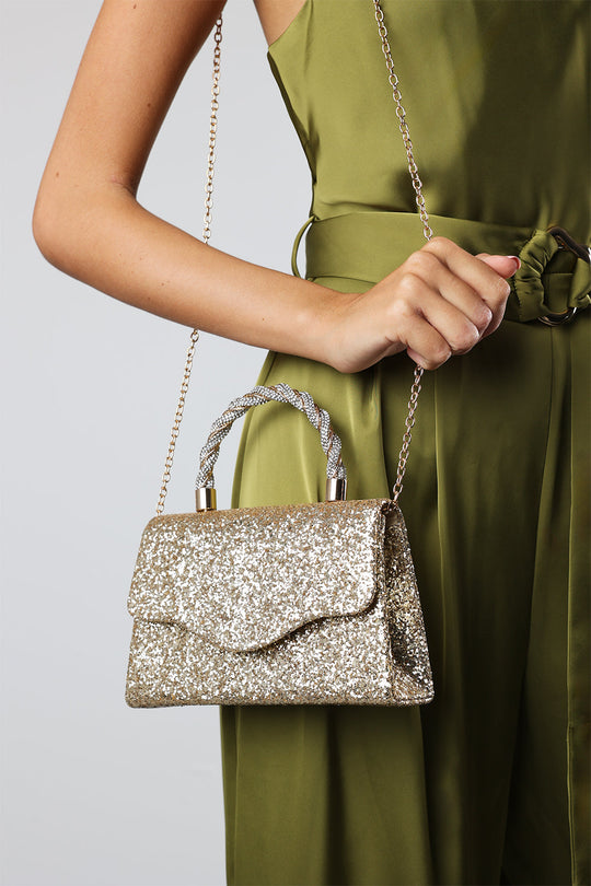 Pluie Gold Glitter Evening Bag With Braided Top Handle