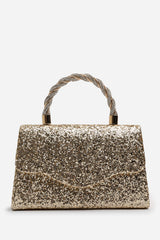 Pluie Gold Glitter Evening Bag With Braided Top Handle