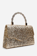 Pluie Gold Glitter Evening Bag With Braided Top Handle