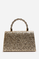Pluie Gold Glitter Evening Bag With Braided Top Handle