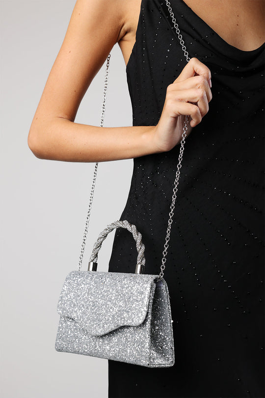 Pluie Silver Glitter Evening Bag With Braided Top Handle