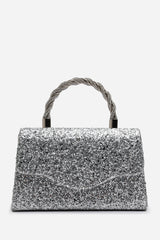 Pluie Silver Glitter Evening Bag With Braided Top Handle