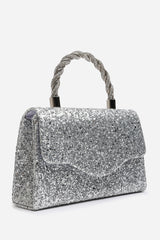 Pluie Silver Glitter Evening Bag With Braided Top Handle