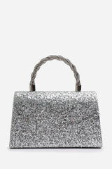 Pluie Silver Glitter Evening Bag With Braided Top Handle