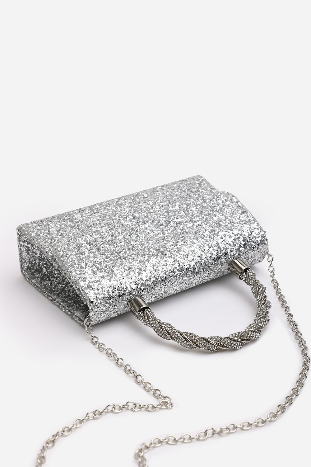 Pluie Silver Glitter Evening Bag With Braided Top Handle