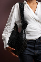 Aqua Knotted Strap Woven Shoulder Bag In Black Faux Leather