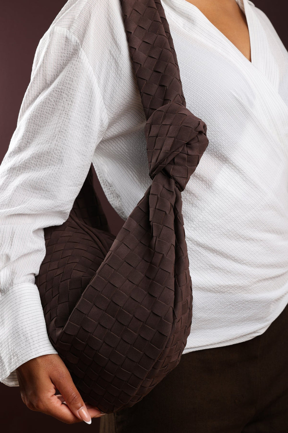 Aqua Knotted Strap Woven Shoulder Bag In Dark Brown Faux Suede