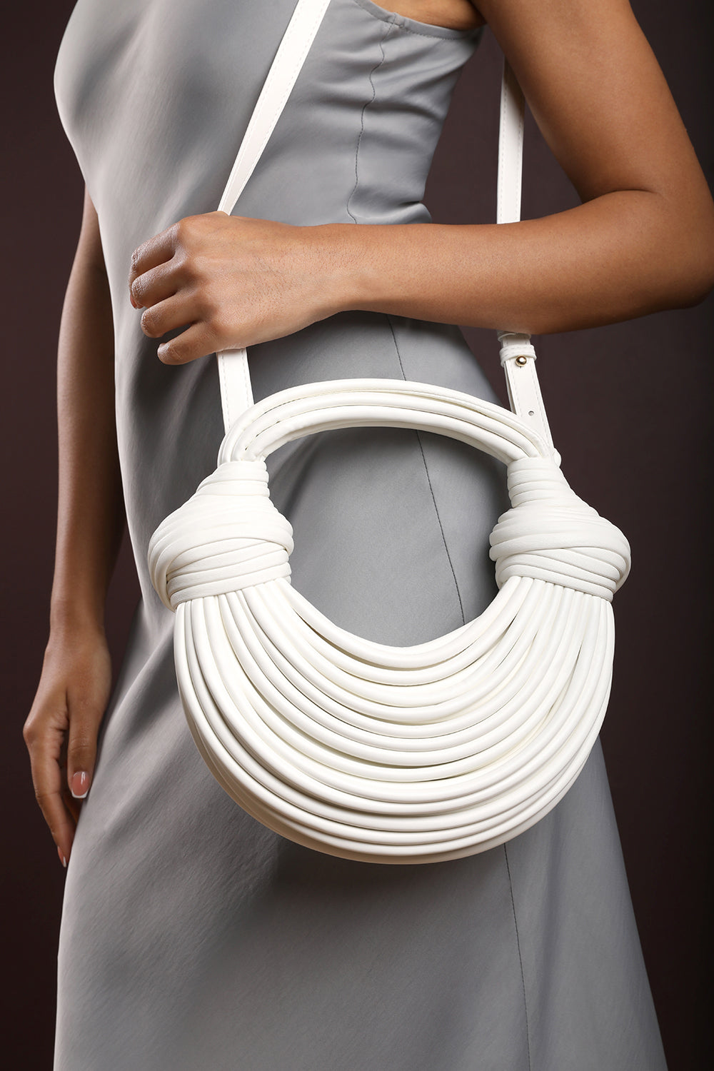 Blossom Curved White Metallic Shoulder Bag