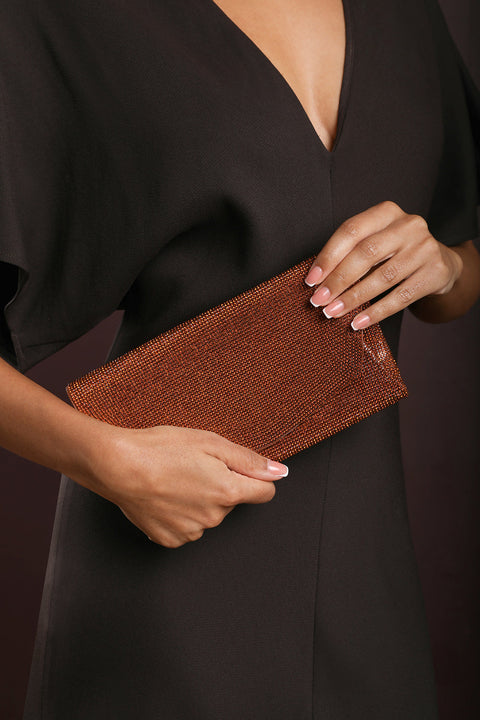 Latte Dark Brown Shimmering Textured Envelope Crossbody Bag with Chain