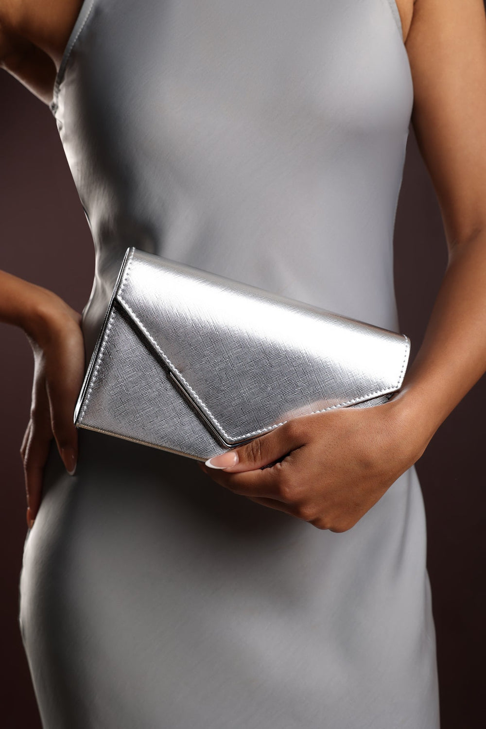 Linen Silver Metallic Faux Leather Clutch Bag