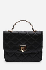 Meadow Quilted Top Handle Bag with Twist Lock in Black