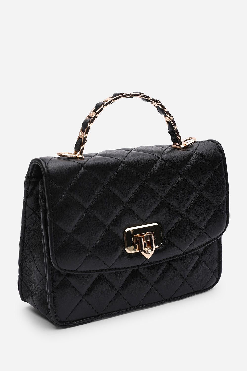 Meadow Quilted Top Handle Bag with Twist Lock in Black