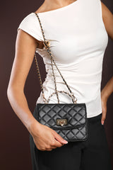 Meadow Quilted Top Handle Bag with Twist Lock in Black