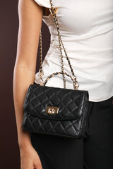 Meadow Quilted Top Handle Bag with Twist Lock in Black
