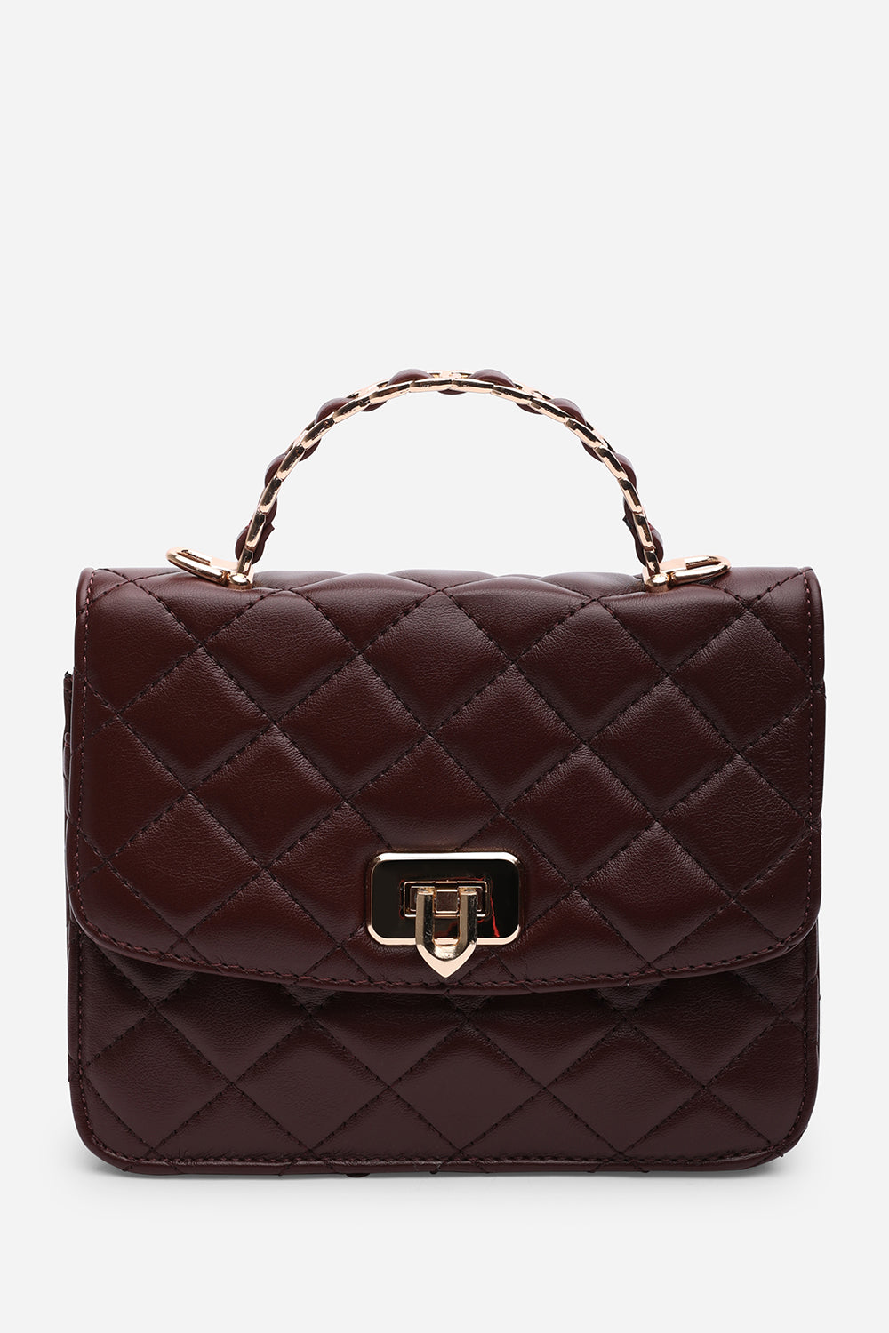 Meadow Quilted Top Handle Bag with Twist Lock in Dark Brown