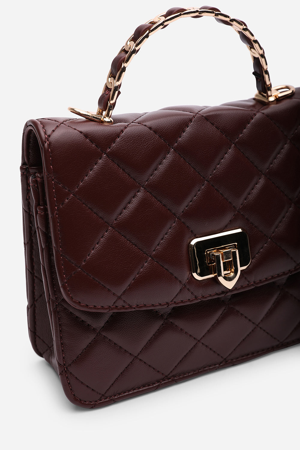 Meadow Quilted Top Handle Bag with Twist Lock in Dark Brown
