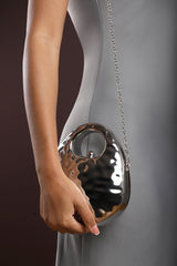 Mocha Silver Metallic Sculpted Crossbody Bag with Chain