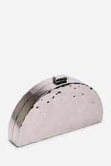 Olive Sculpted Metal Half-Moon Clutch Bag in Silver