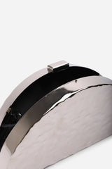 Olive Sculpted Metal Half-Moon Clutch Bag in Silver