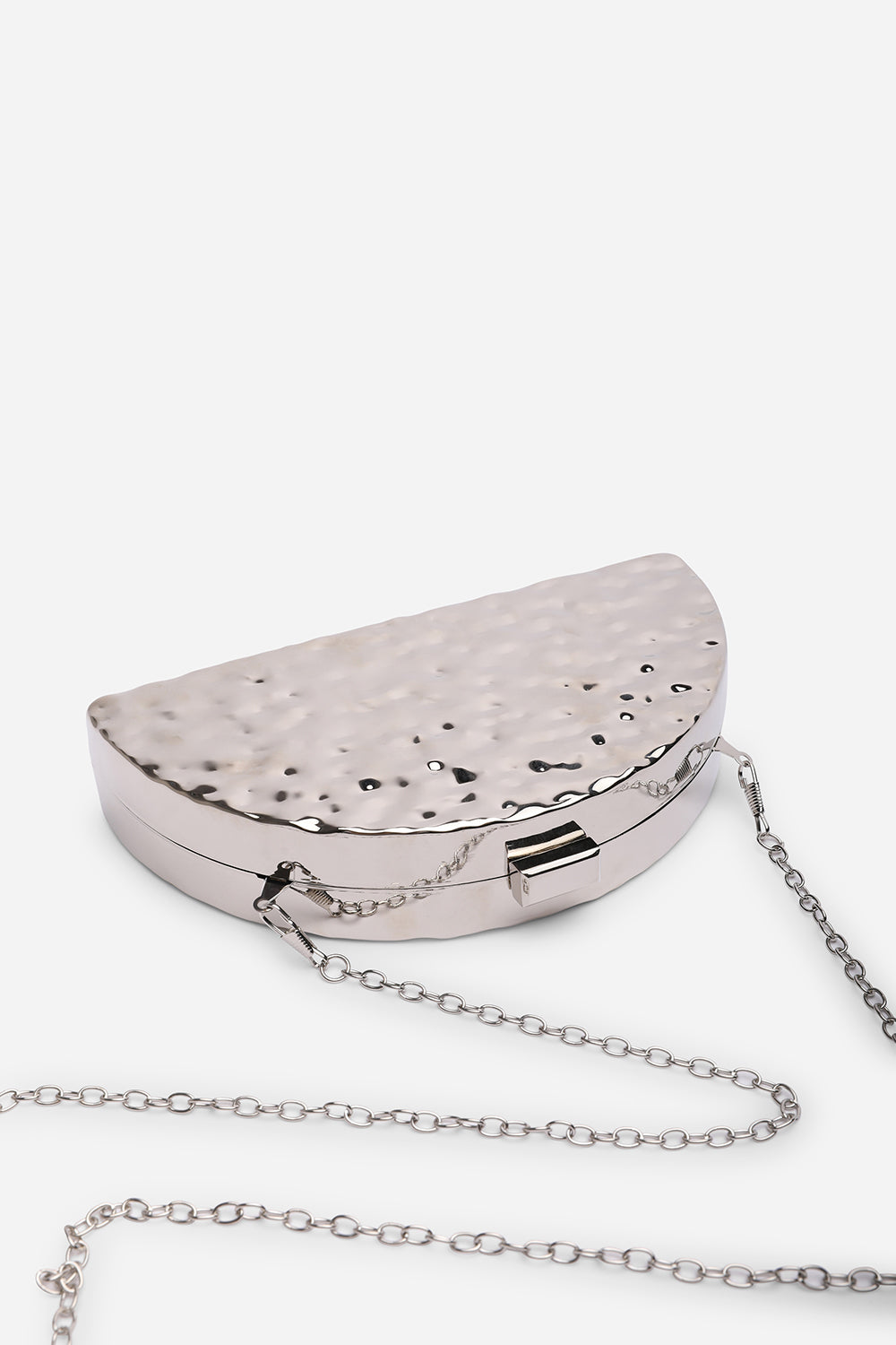 Olive Sculpted Metal Half-Moon Clutch Bag in Silver