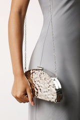 Olive Sculpted Metal Half-Moon Clutch Bag in Silver