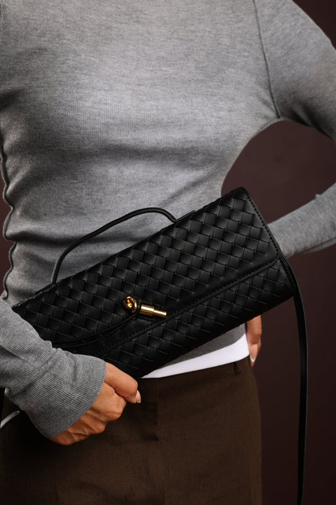 Petal Envelope Style Woven Clutch Bag in Black