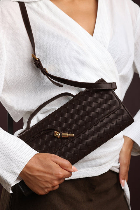 Petal Envelope Style Woven Clutch Bag in Dark Brown