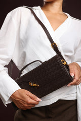 Petal Envelope Style Woven Clutch Bag in Dark Brown