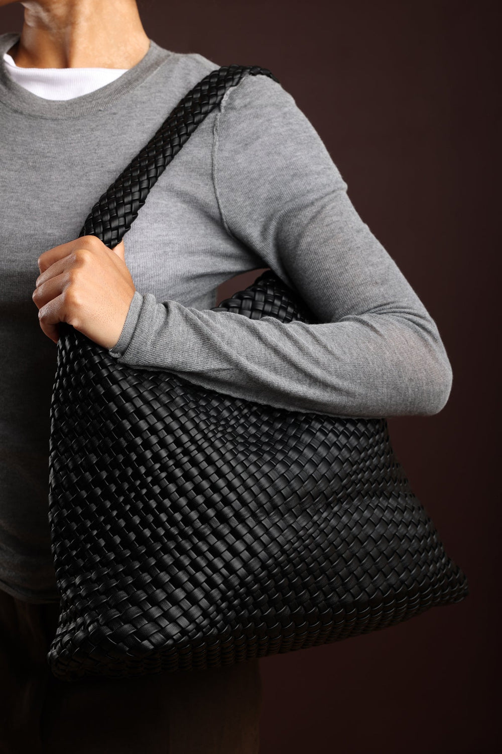 Stone Weave Detail Black Faux Leather Shoulder Bag