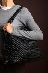 Stone Weave Detail Black Faux Leather Shoulder Bag