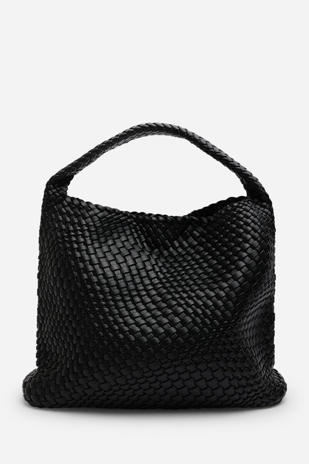 Stone Weave Detail Black Faux Leather Shoulder Bag